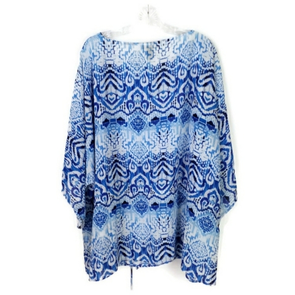 Chaps Blue White Semi Sheer Multiprint Short Dolman Sleeve Blouse Womens 3X - Picture 2 of 12
